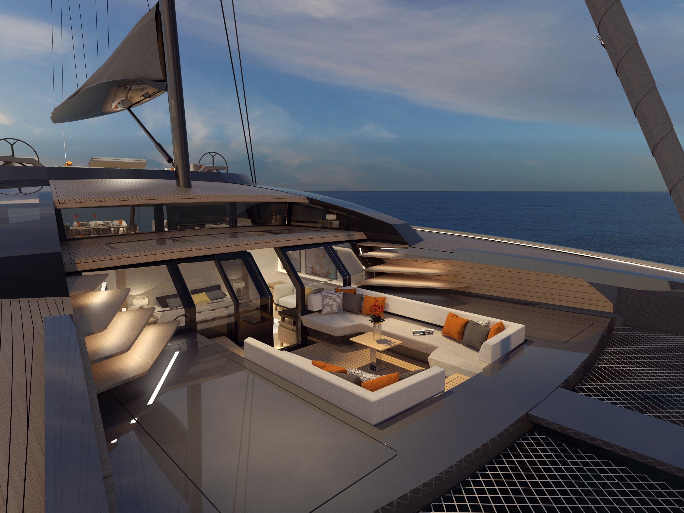 Aboard WIND100' SAILING CATAMARAN a 101ft (30.9m) luxury sailing yacht , built by CUSTOM BUILT