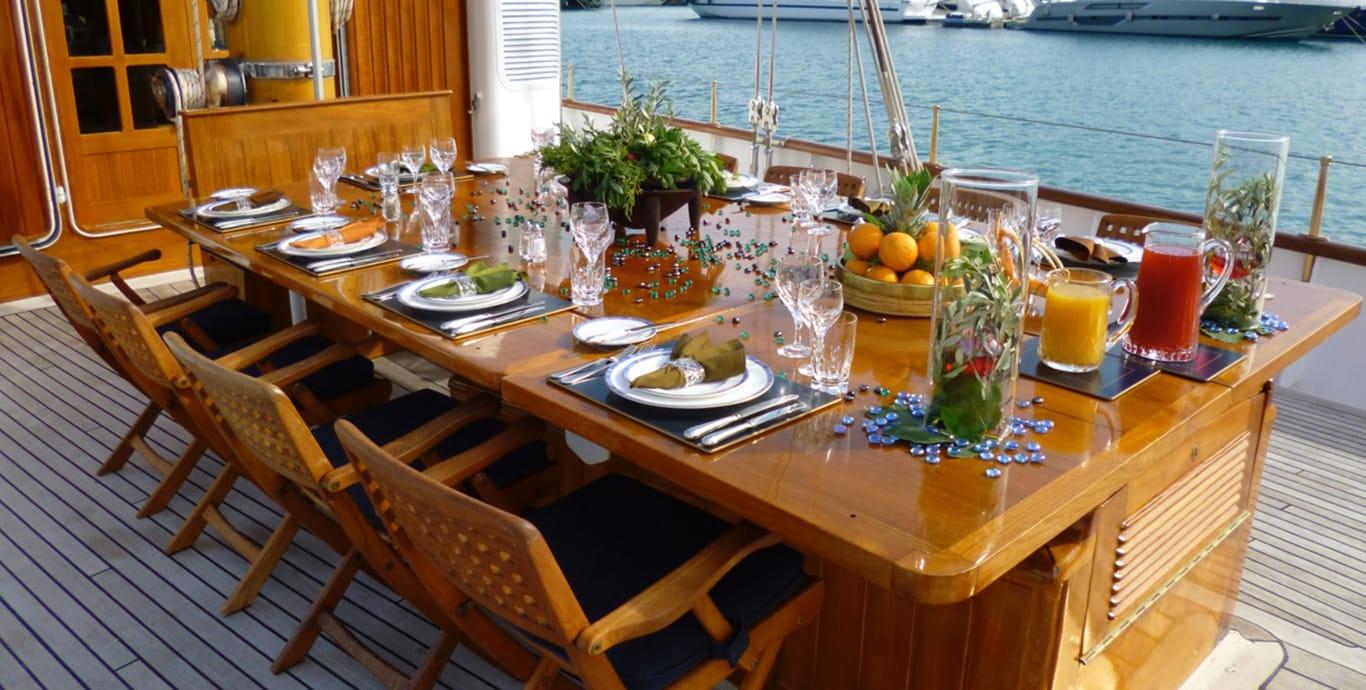 Aboard FLEURTJE a 187ft (57m) luxury sailing yacht , built by DE VRIES LENTSCH in 1961