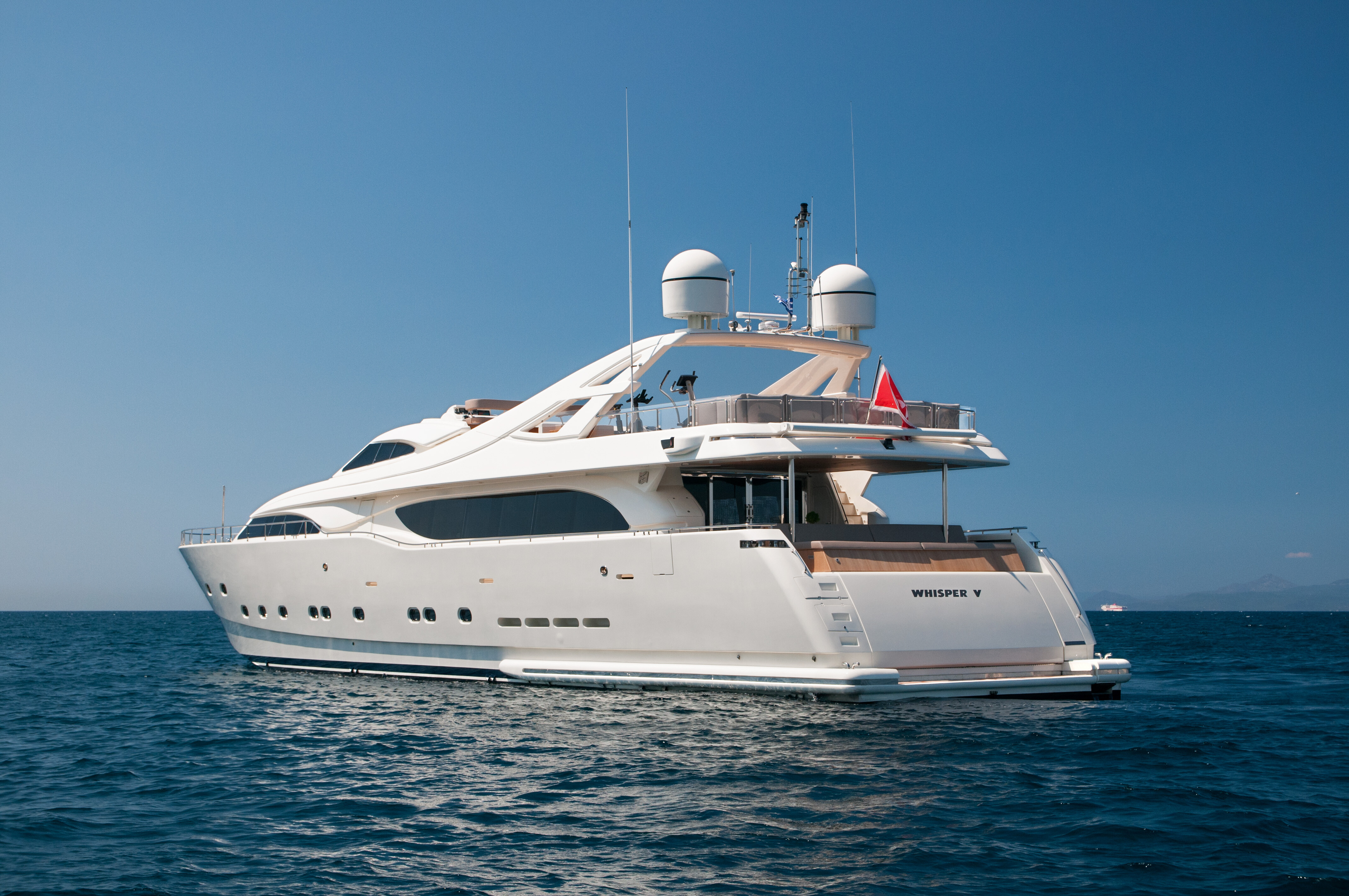Aboard WHISPER V a 111ft (34m) luxury motor yacht for Charter available with Fraser Yachts, built by FERRETTI CUSTOM LINE in 2002