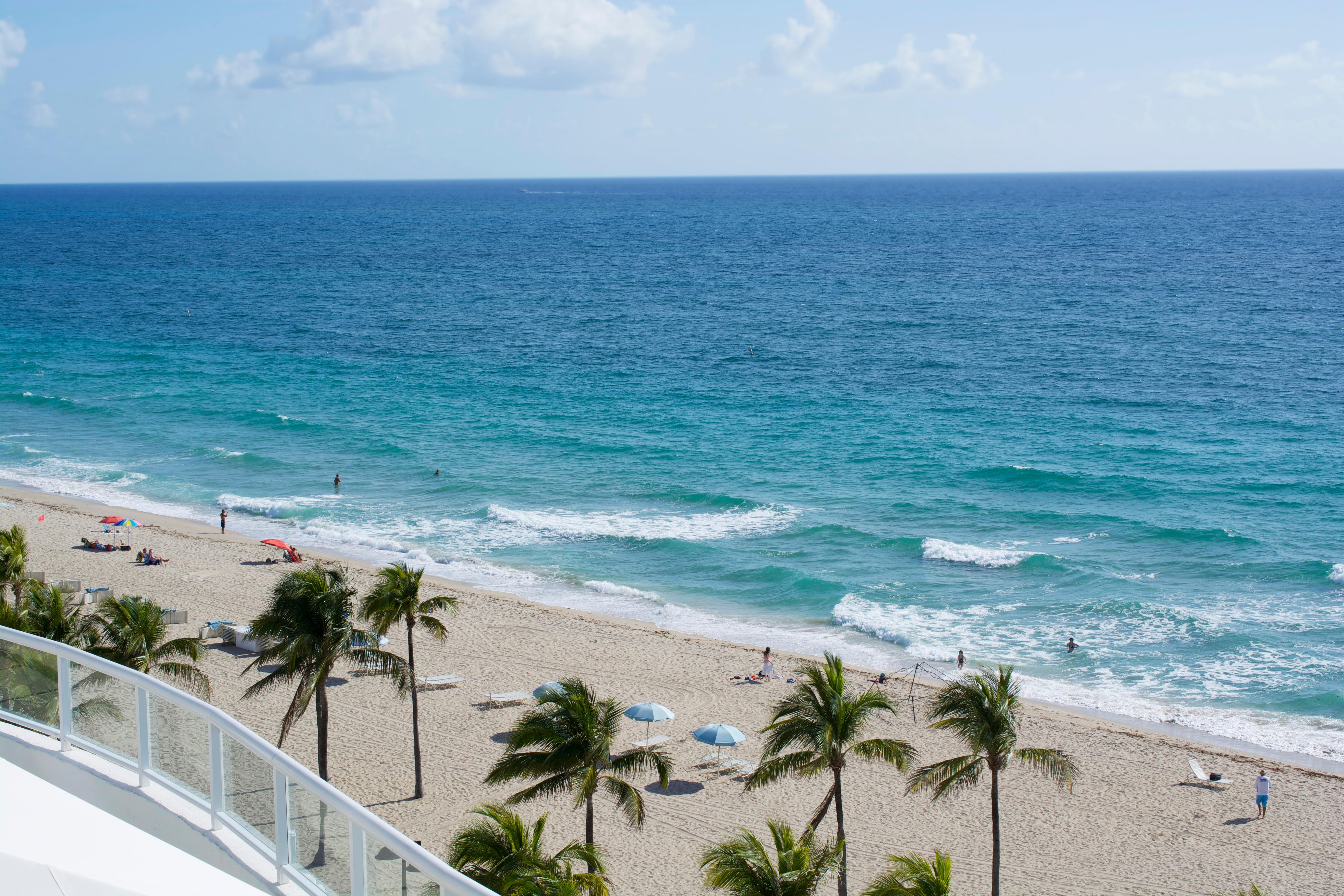 Fort Lauderdale Beach, Florida—elevated terrace view over palm-lined sands and turquoise waters, capturing the upscale coastal vibe near top yacht marinas | Fraser Yachts