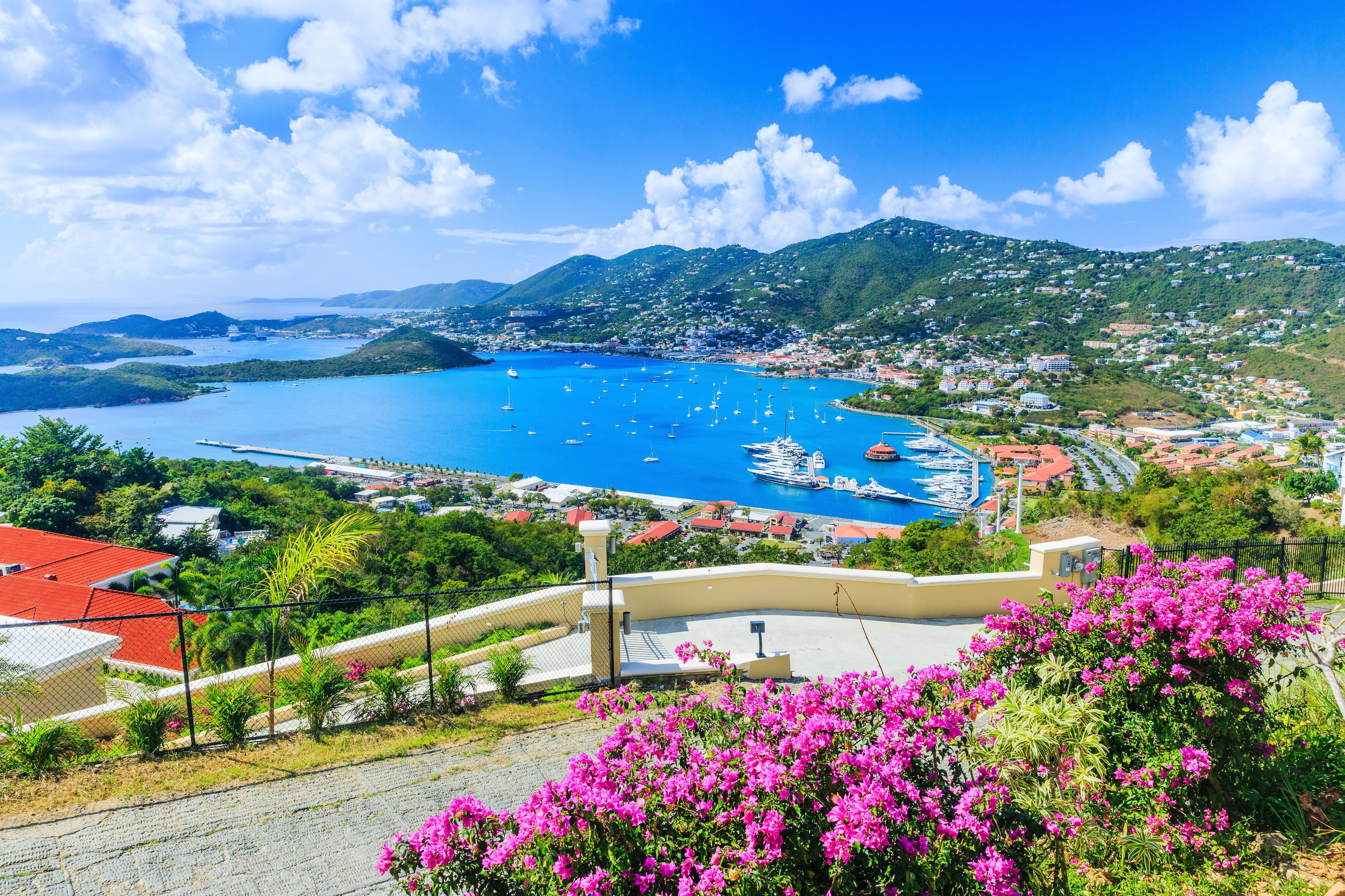 Panoramic view of St. Thomas, US Virgin Islands—lush hills, coastal towns, and turquoise bays make this island a gateway to Caribbean yacht charters and luxury escapes | Fraser Yachts