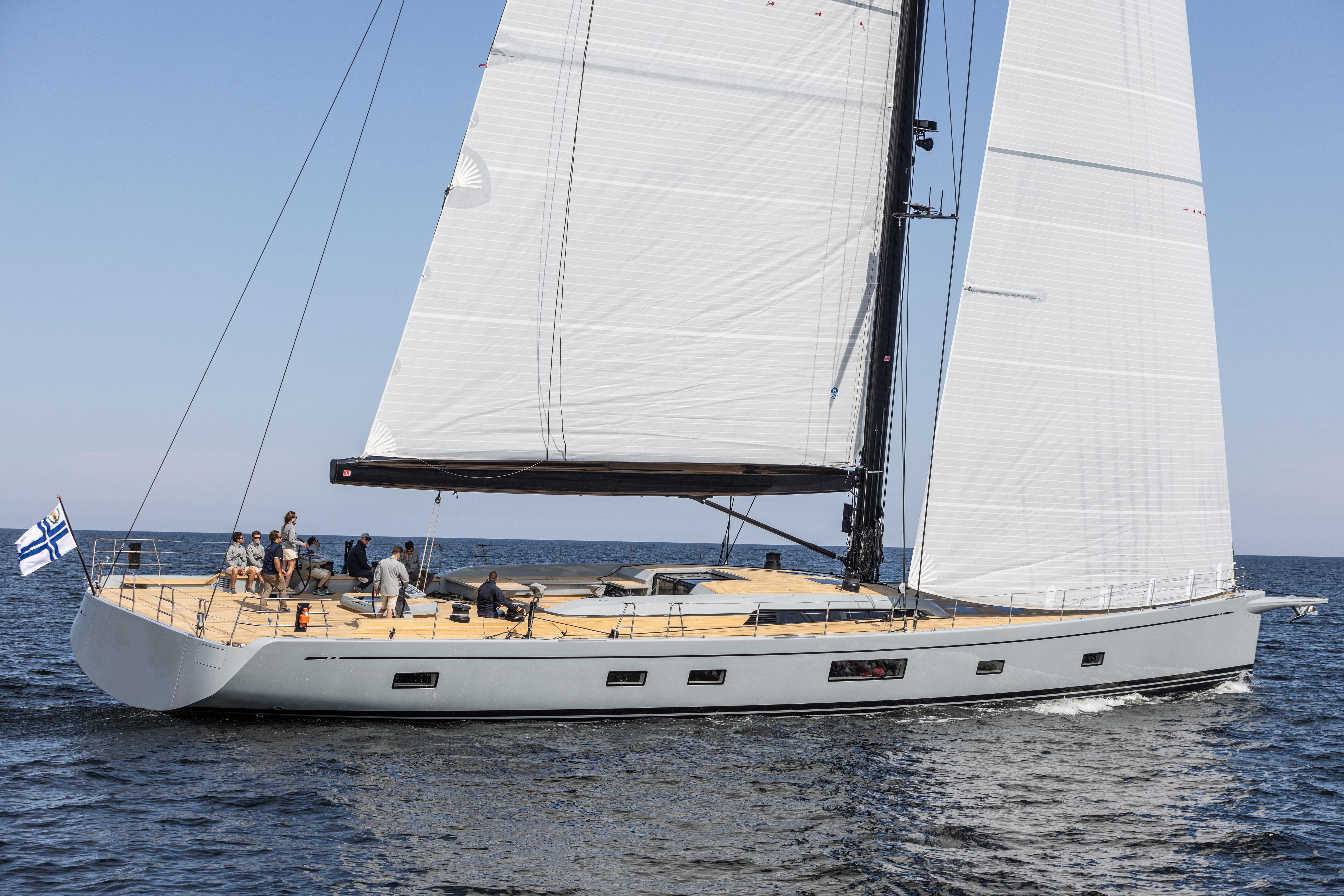 The luxury yacht FANCY, built by Nautor's Swan Shipyard, showcases an elegant design and high-performance sailing capabilities. | luxury yacht, Nautor's Swan Shipyard, FANCY, elegant design, high-performance sailing | Fraser Yachts