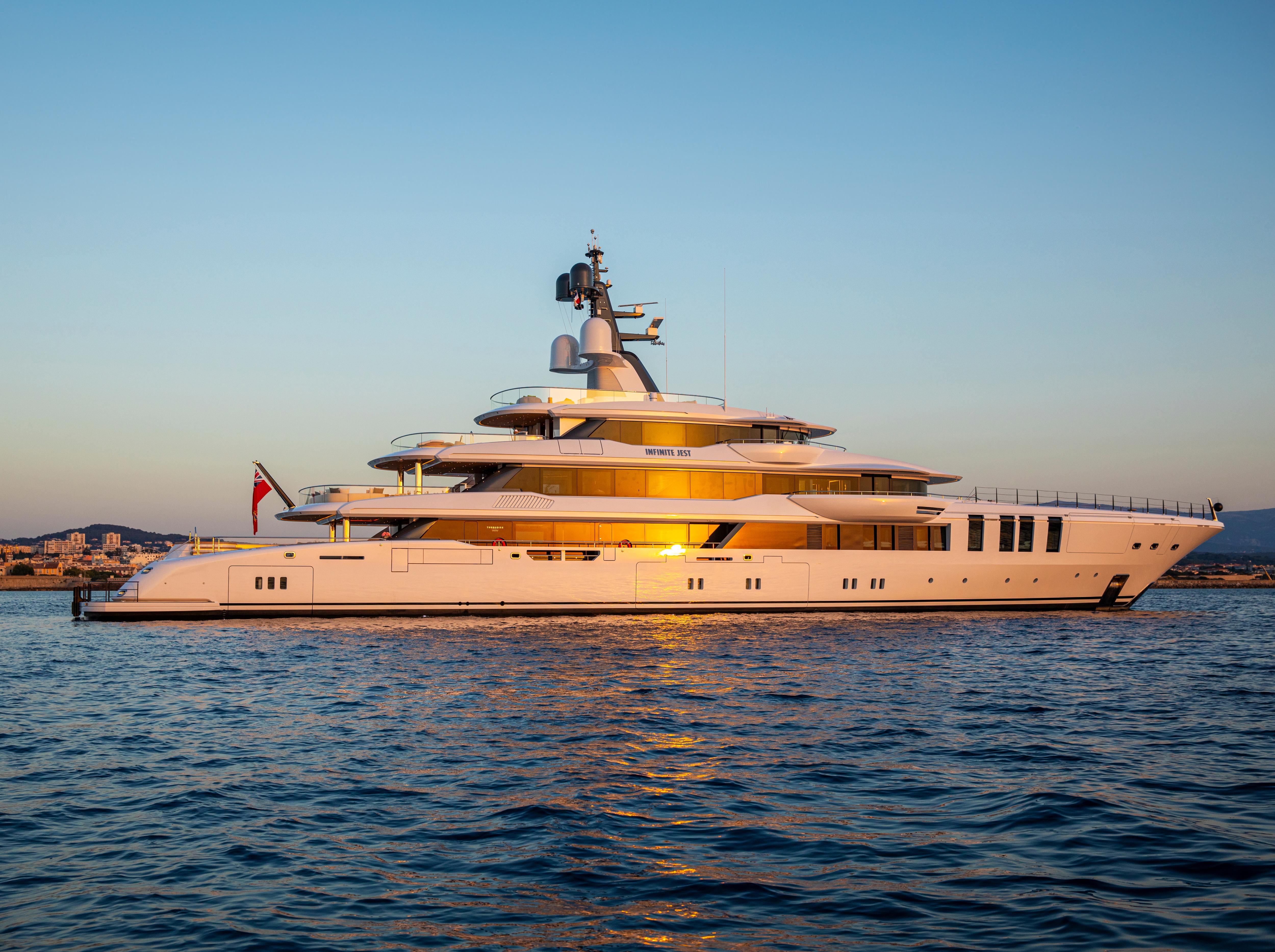 The remarkable INFINITE JEST yacht at Turquoise Shipyard, showcasing a striking design and luxurious amenities. | INFINITE JEST yacht, Turquoise Shipyard, luxury yacht, yacht design, shipbuilding, striking design | Fraser Yachts