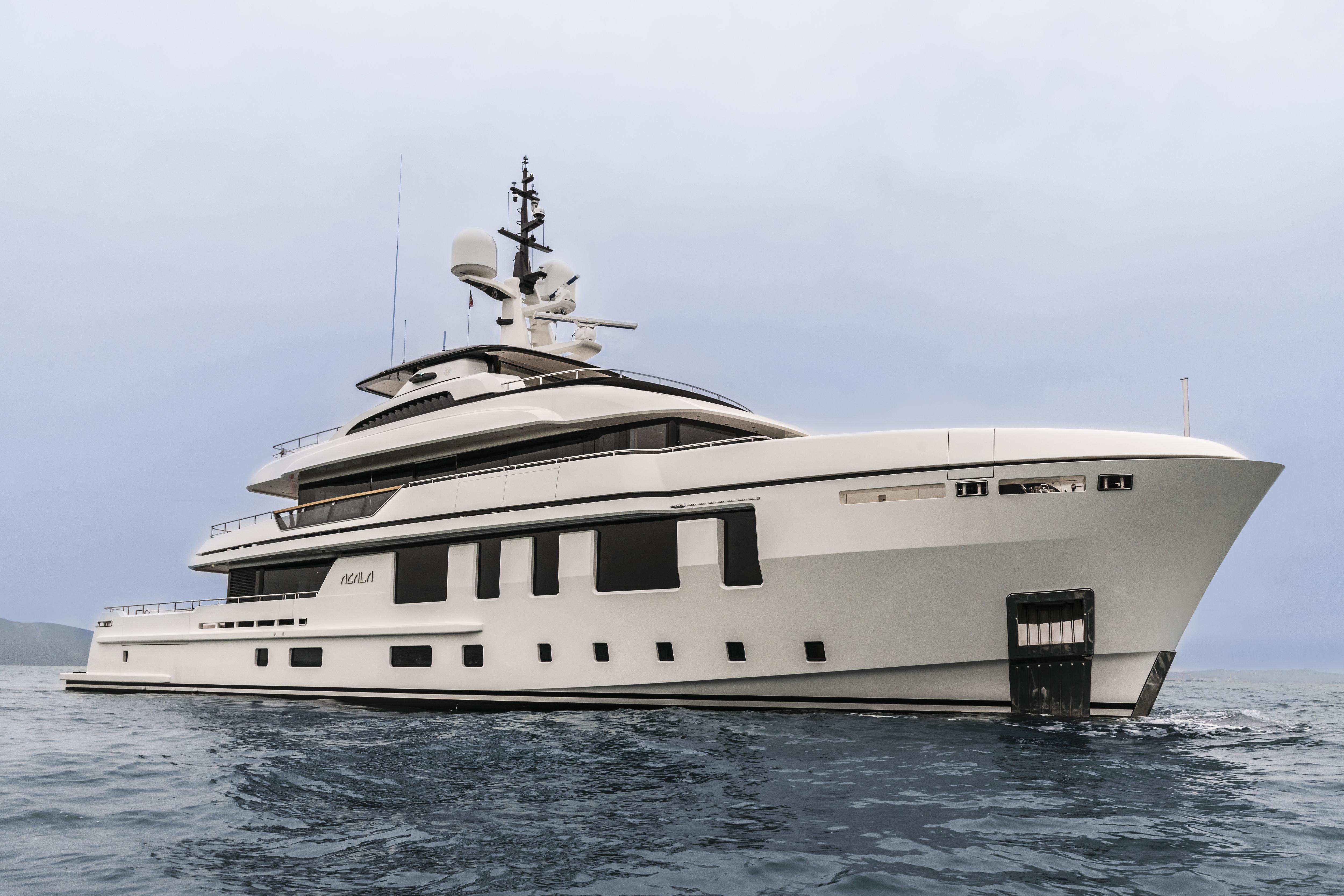 Cantiere delle Marche Shipyard showcases the Acala, a stunning expedition yacht designed for ultimate performance and comfort on the open seas, featuring a robust hull and elegant interiors. | Cantiere delle Marche, Acala, expedition yacht, luxury yacht, performance, comfort | Fraser Yachts