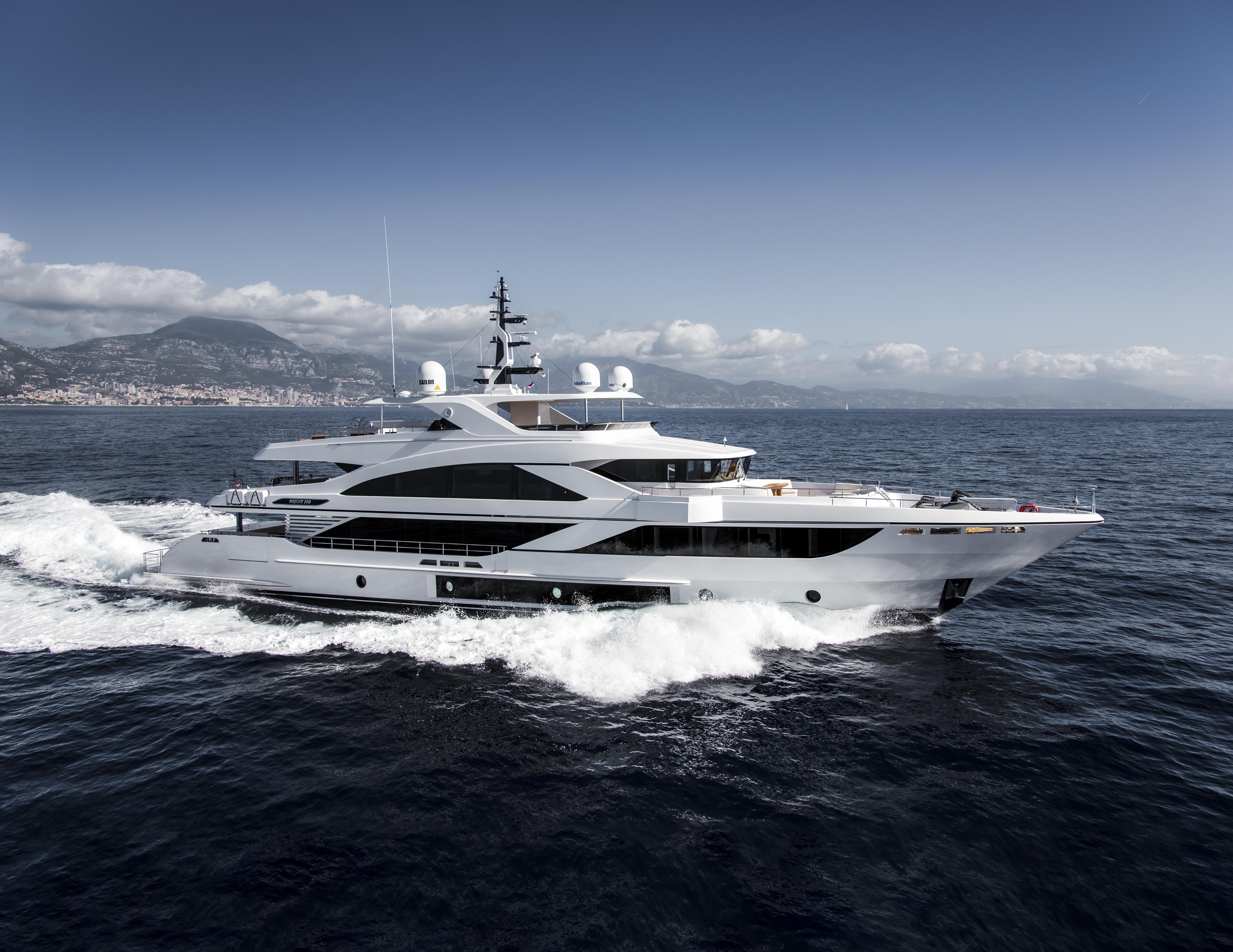 The Gulf Craft Shipyard presents the Majesty 140 yacht, highlighting its luxurious features and sleek lines. | Gulf Craft, Majesty 140, luxury yacht, yacht features, shipyard | Fraser Yachts