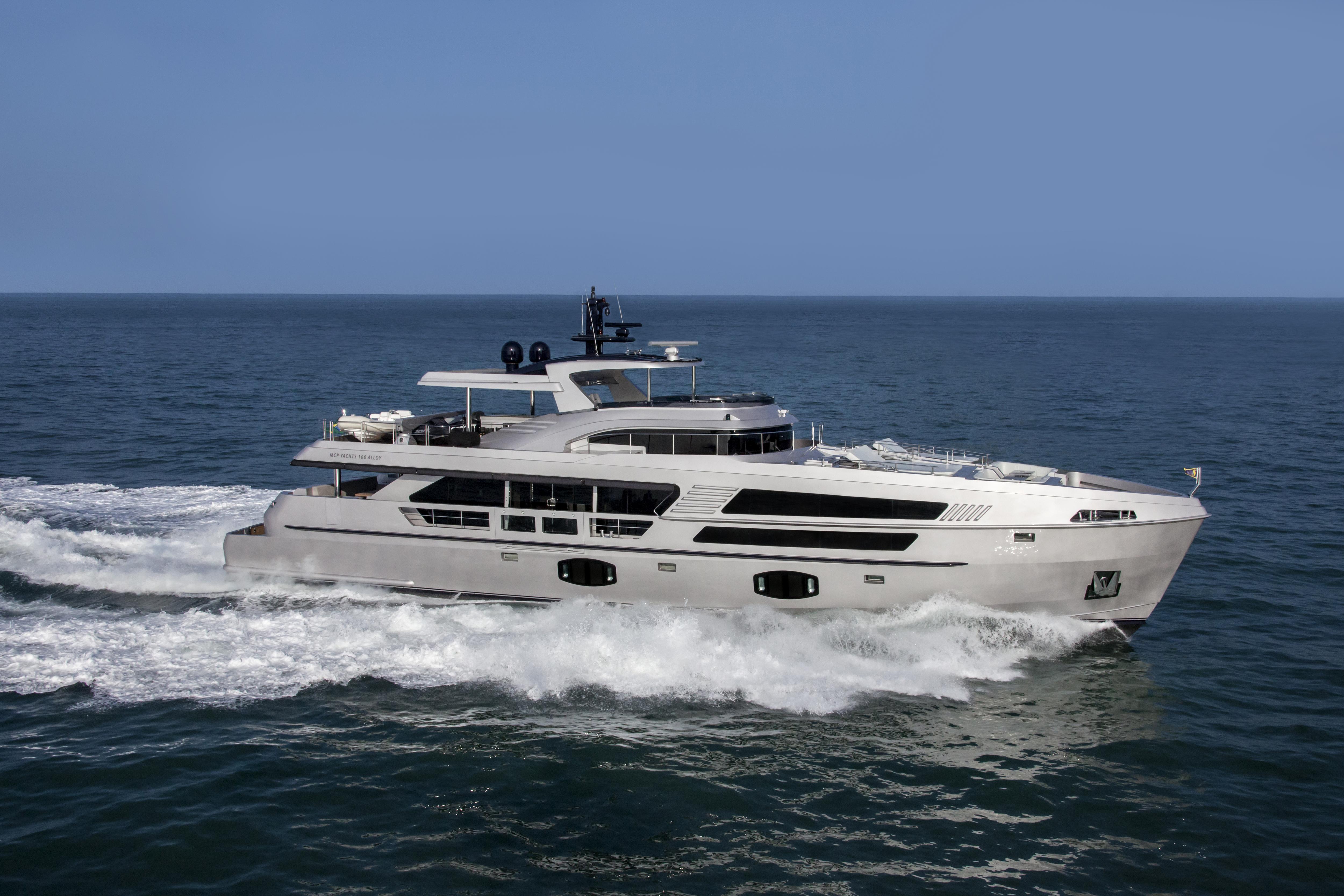 The MCP 106 LE yacht showcases a sleek running profile with cutting-edge design and performance. | MCP 106 LE, luxury yacht, running profile, sleek design, high performance | Fraser Yachts