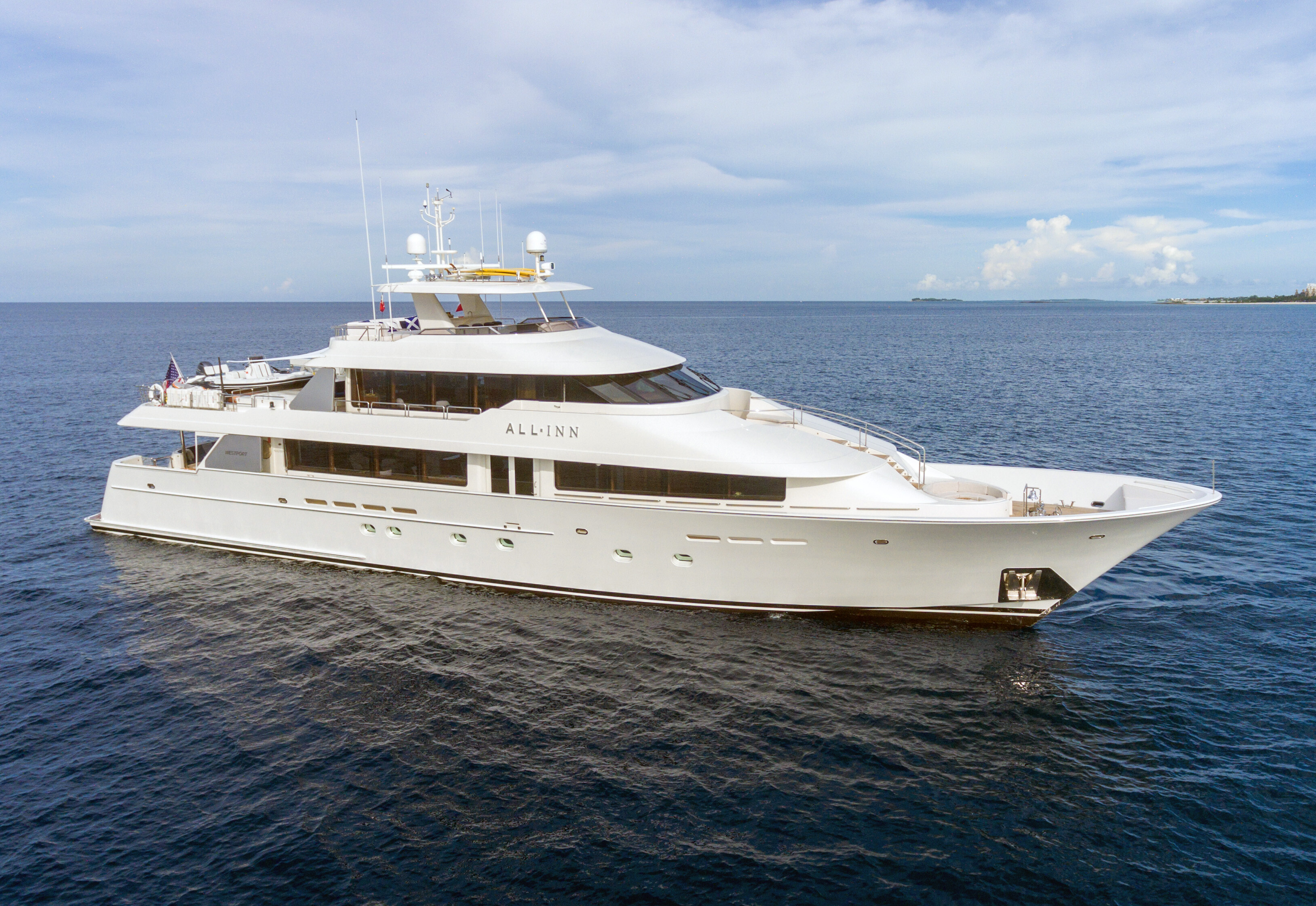 The luxury yacht ALL INN, built by Westport Shipyard, showcases a classic design and luxurious features for an exceptional cruising experience. | luxury yacht, Westport Shipyard, ALL INN, classic design, luxurious features | Fraser Yachts