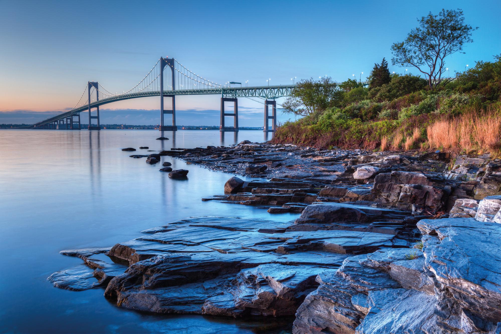 Newport Bridge: Illuminated by night, a captivating beacon of Rhode Island's maritime allure. | Rhode Island, Newport, Newport Bridge, North America, night | Fraser