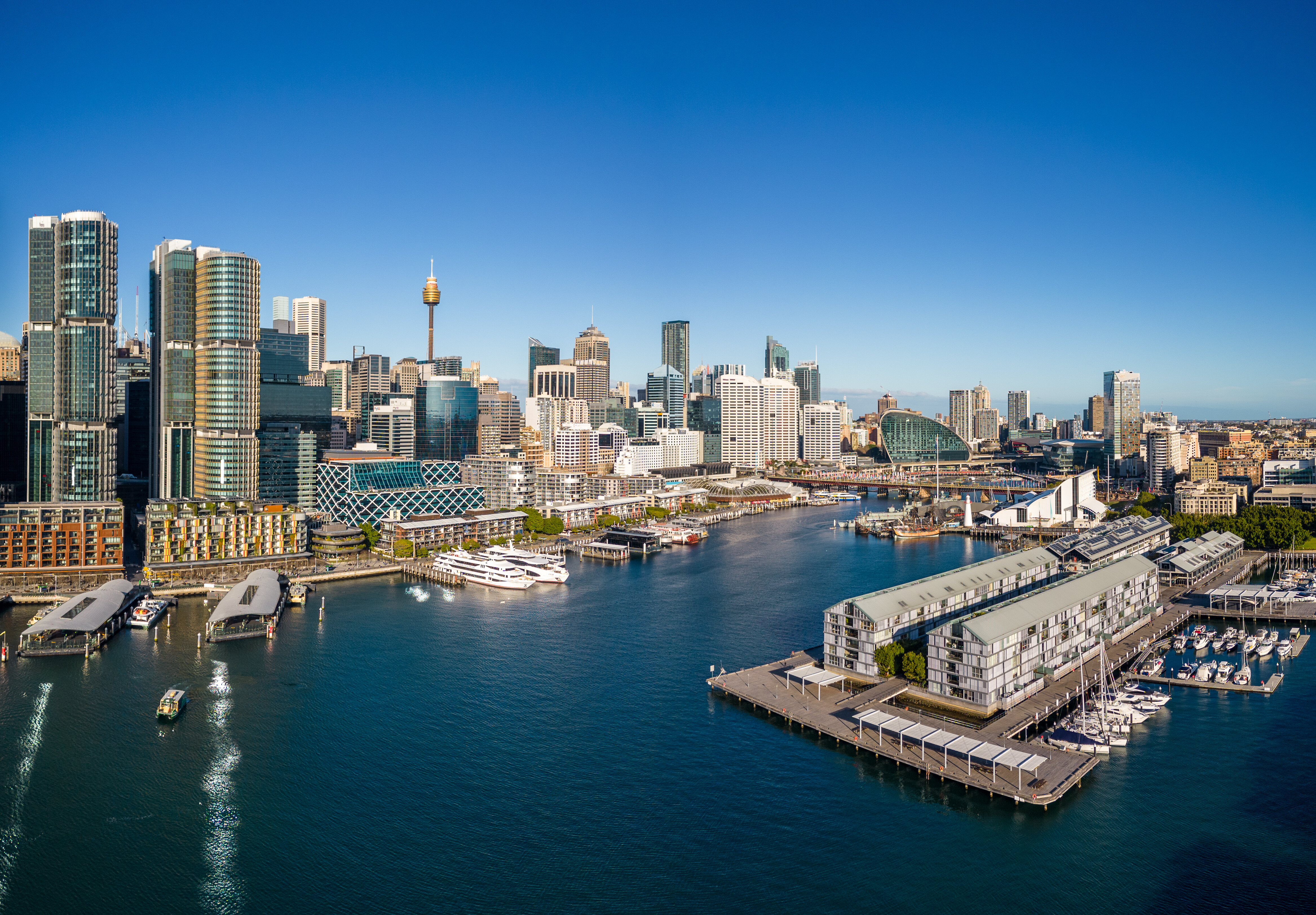 Aerial view of Darling Harbour in Sydney, Australia—host of the Sydney International Boat Show, where Fraser Yachts presents luxury vessels in a vibrant marina setting | Fraser Yachts
