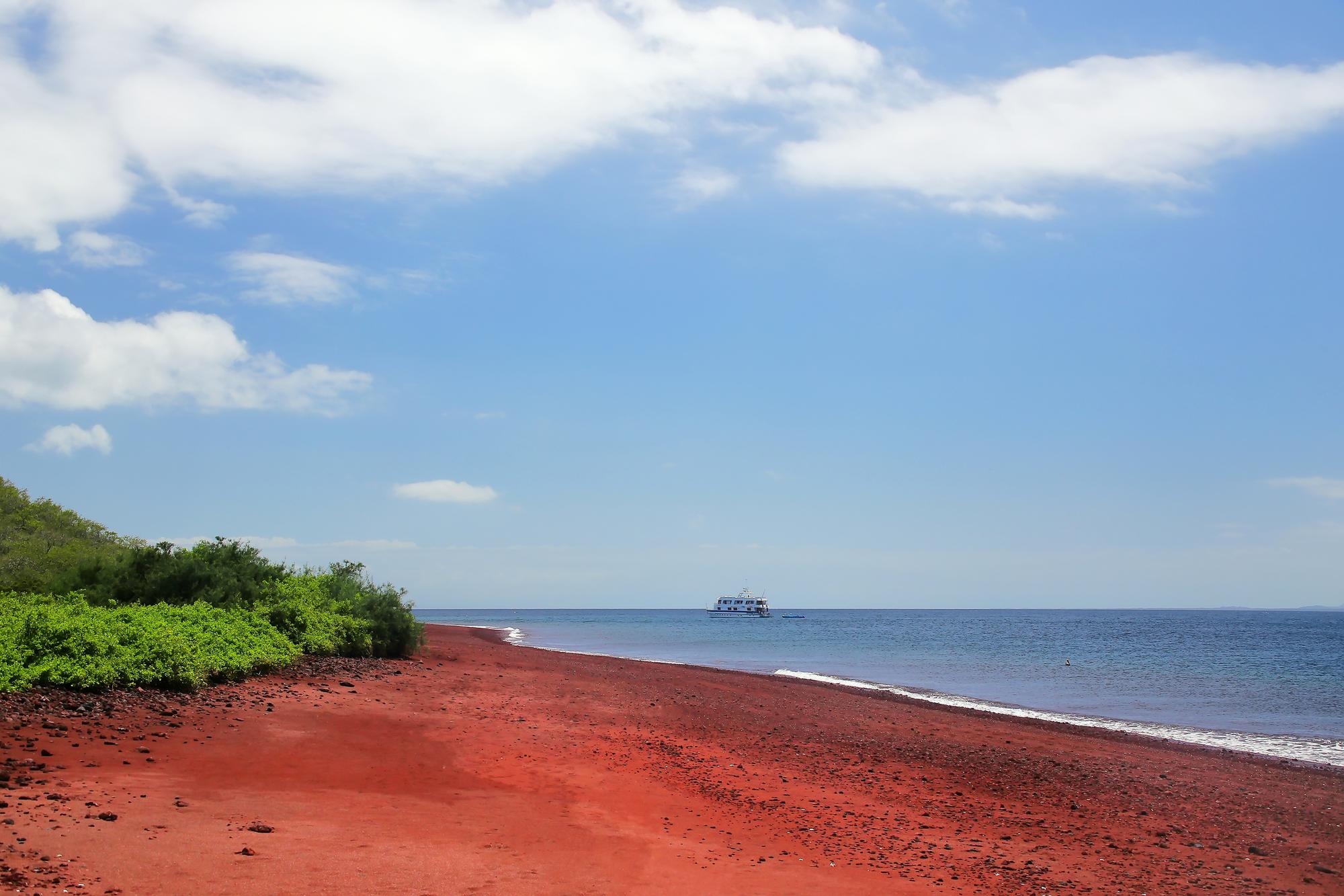 Explore the stunning red sand beach of Rabida Island in the Galapagos, a tropical paradise with diverse ecosystems and beautiful scenery | Red, Sand, Beach, Ecosystem, Tropical, Destination | Fraser