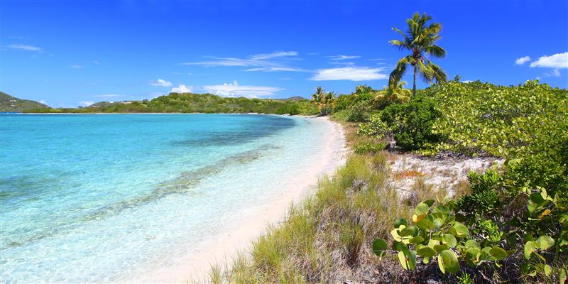 Tranquil view of Beef Island, BVI—lush coastline and turquoise waters near Tortola, offering a peaceful Caribbean setting and gateway for luxury yacht charter arrivals | Fraser Yachts